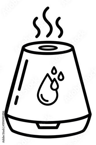 Outline illustration of an aroma diffuser depicting steam and water drops for home wellness and aromatherapy design
