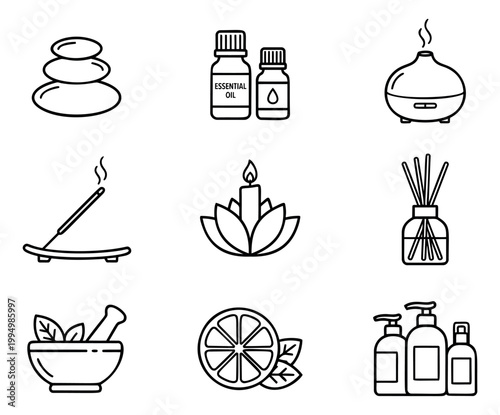 Outline icon set of 9 aromatherapy and wellness symbols featuring essential oils, diffuser, candle, incense, reed diffuser, mortar and pestle, citrus and spa bottles for beauty design