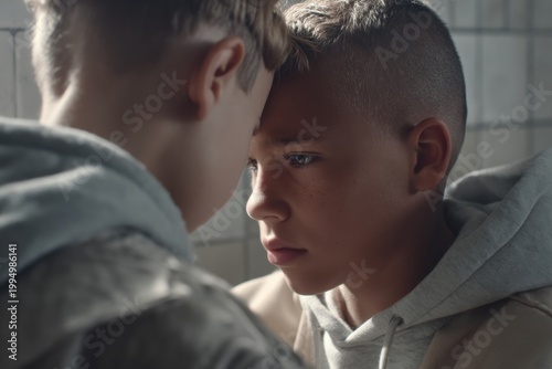 Two boys touching foreheads in a serious friendship moment, ideal for peer support, empathy, and youth mental health content