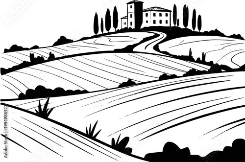 Black and white of rolling hills with a villa and cypress trees, vineyard landscape