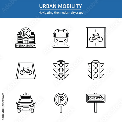 Urban mobility icons including metro station, bus, bicycle, traffic light, and car