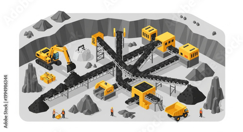 Coal mining operation with excavators and conveyor belts.