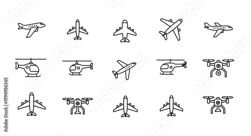 Collection of Airplane Helicopter and Drone Icons.