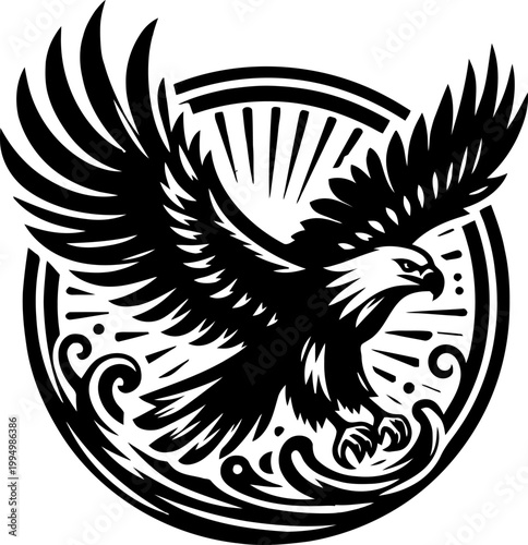 Mythical phoenix bird with detailed feathers and flames in decorative circle