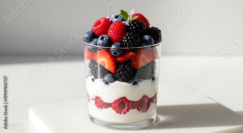 A refreshing parfait dessert featuring vibrant mixed berries.