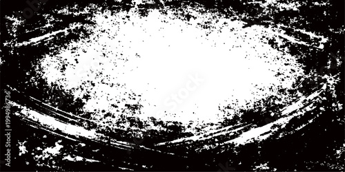 Abstract black ink splat and grunge texture design featuring a dirty paint splash border and floral silhouette pattern on a vector background