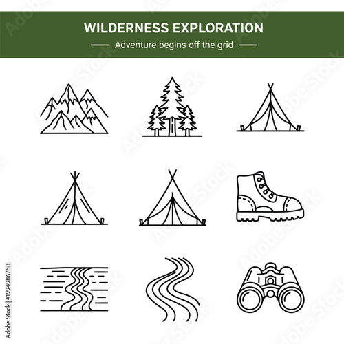 Wilderness exploration icons including mountains, trees, tents, hiking boot, and binoculars