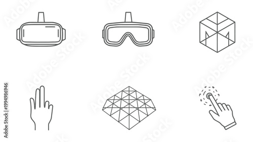 VR Technology Icons: Collection of sleek, modern icons representing the cutting edge of virtual reality technology. Perfect for design projects and tech presentations.