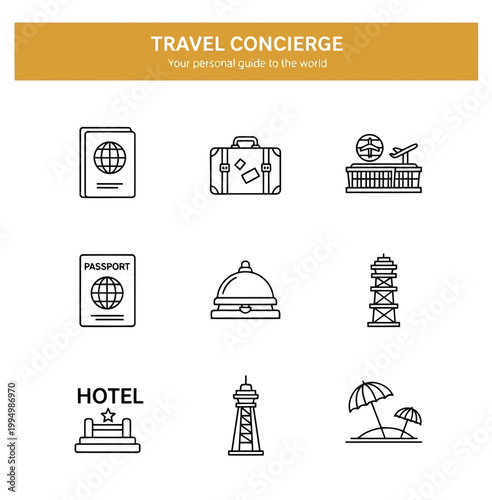 Travel concierge icons including hotel, passport, and luggage