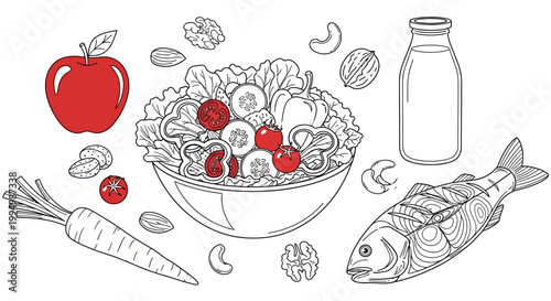 Illustration of various healthy food items arranged on a white background.