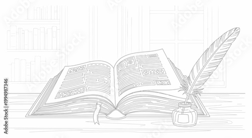 Open Book, Quill Pen, and Inkwell on a Wooden Desk in a Study Line Art