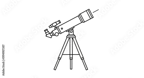 Line art illustration of an astronomical telescope on a tripod for stargazing and science research.