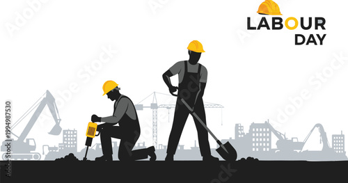 Labour day construction workers with shovel and drill