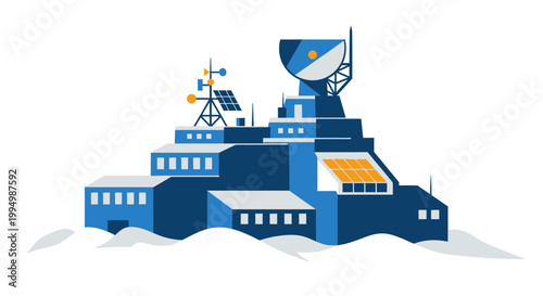 An illustration of an arctic research station with satellite dishes and solar panels.