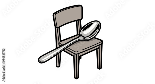Surreal illustration of a giant silver spoon resting on a simple wooden chair.