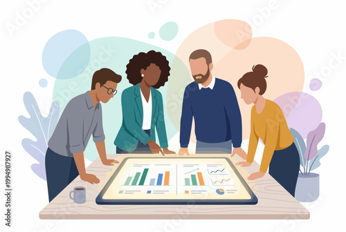 Diverse team discusses data on a digital touch table in an office