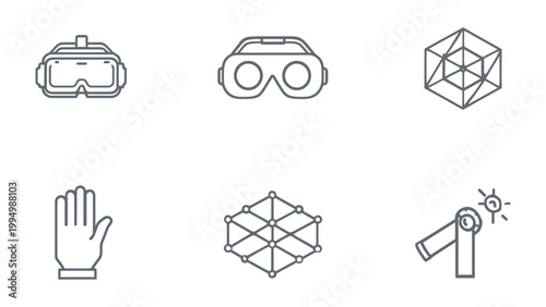 VR Innovation: A collection of sleek, minimalist line art icons, each representing a key aspect of virtual reality technology.