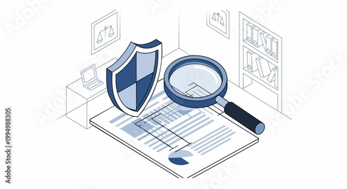 Legal Audit and Data Protection Isometric Illustration with Shield and Magnifying Glass on Documents