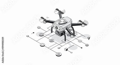 Isometric Surveillance Drone with Security Shield Icon Over Network Grid