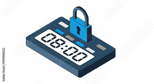 Isometric Digital Timer with Padlock Icon Showing 08:00, Concept of Scheduled Lock and Time Management