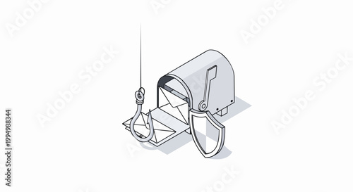 Isometric Cybersecurity Illustration Representing Email Phishing Attack and Data Protection Shield