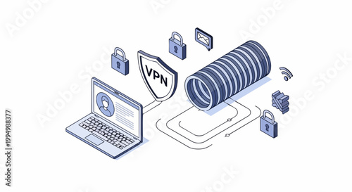 Cybersecurity VPN Concept Isometric Vector Art showing Encrypted Data Tunnel and Online Privacy Protection for Remote Work