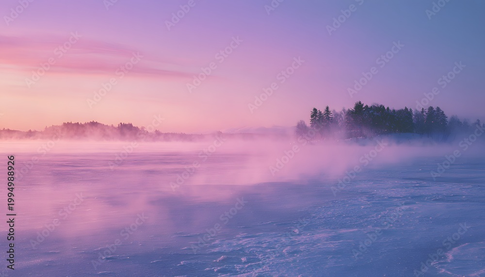 Fototapeta premium A breathtaking winter landscape featuring a serene frozen lake. Soft purple and pink hues fill the sky as mist rises from the water, creating a tranquil scene of natural beauty.