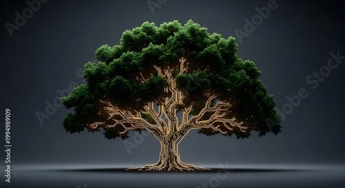 A tree with a large green canopy and exposed roots on a dark background.