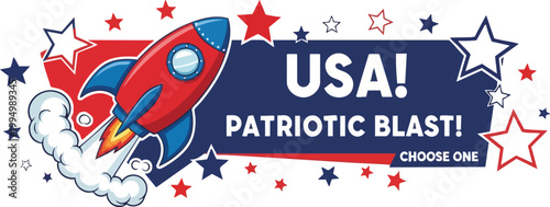 Patriotic label with a rocket and stars on a white background with a blue banner and red, white and blue color scheme.