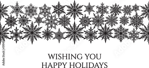 Seamless border of black snowflakes isolated on a transparent background