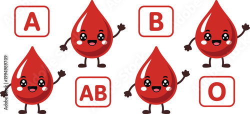 Cute Blood Type Drop Characters Set  Kawaii A, B, AB, O Medical Emoji Grid Illustration Vector