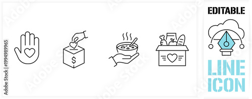 Editable line icon set in a black simple and clean vector outline stroke for charity food donation, humanitarian lunch aid, social heart support and grocery box delivery for people in need concept.