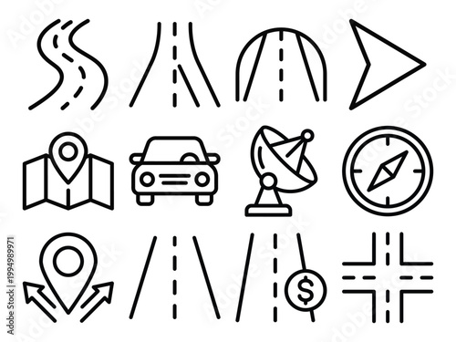 Set of navigation and travel icons including roads maps compass with navigation direction automobile transportation
