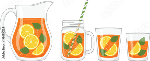 Fresh lemonade drink set. Citrus juice pitcher and glasses with lemon slices and mint. Bright summer beverage vector for menu, cafe, and healthy lifestyle design.