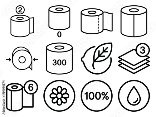 Set of icons related to paper products and hygiene including toilet paper and tissues with bathroom absorbent quantity