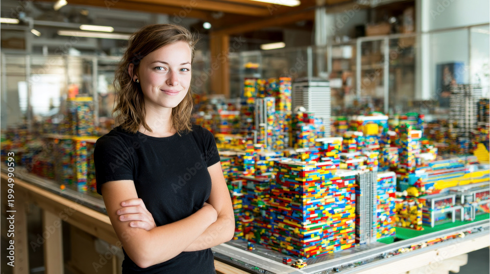 Obraz premium Young woman with brown hair stands confidently in front of a large colorful LEGO city model, showcasing intricate buildings and structures in a creative workspace