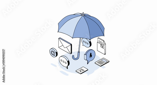 Cybersecurity and Data Protection Concept: Blue Umbrella Covering Digital Communication, Messages, and Documents in Isometric Style