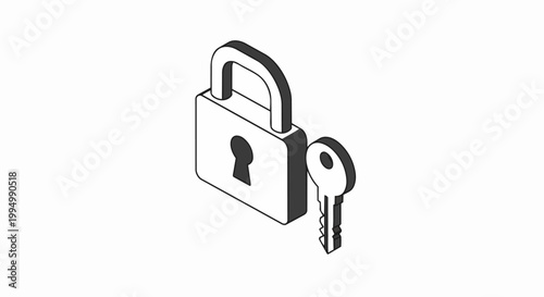 Minimalist Isometric Padlock and Key Illustration, Security Icon for Data Privacy and Safety Concepts