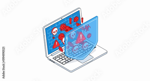 Isometric Cybersecurity Illustration: Laptop Protected by Digital Shield against Malware, Viruses, and Cyber Attacks