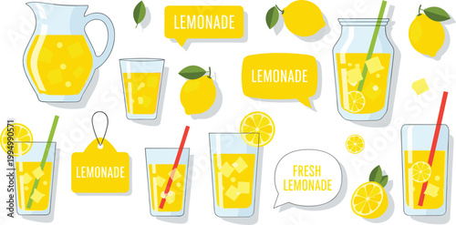 Lemonade illustration set. Fresh citrus drinks with pitcher, glasses, slices, and labels. Bright summer vector collection for menu design, cafe branding, and beverage projects.