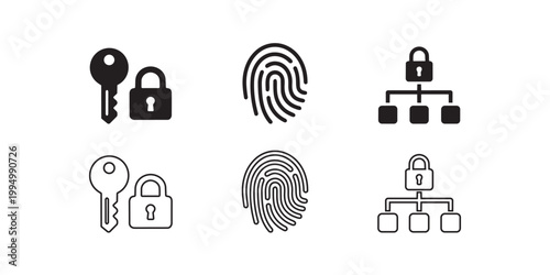  Access Control Solid and line art icons Set. password protection, biometric access, keycard entry, admin panel, privacy shield, data security, permission settings, restricted