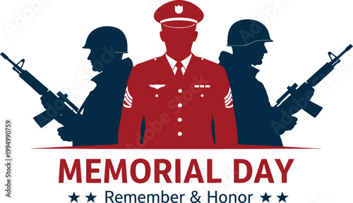 Silhouette of american soldiers honoring memorial day with text overlay