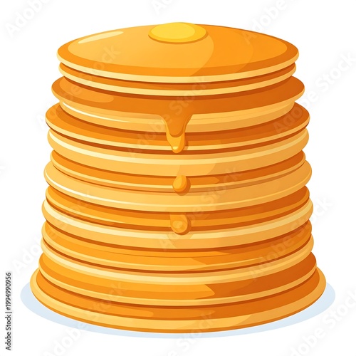 Golden syrup drips from stacked pancakes.