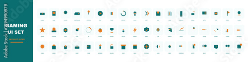 Gaming UI set with 54 flat icons, professional video game interface elements, teal and orange esports navigation symbols, digital gaming icons vector