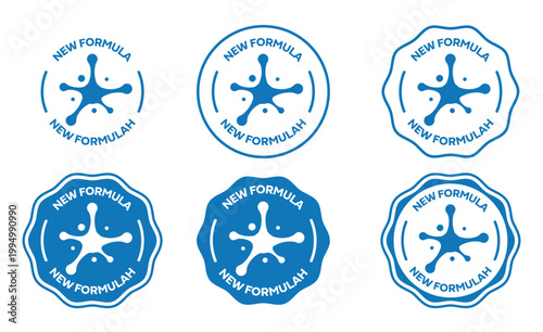 New Formula Badge Set - Blue Product Innovation Icons with Molecular Structure and Lab Symbols for Cosmetics and Healthcare