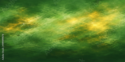 An abstract green background featuring bright rays of light and a nature-inspired texture that blends soft cloudscape colors with a dark sunlit glow