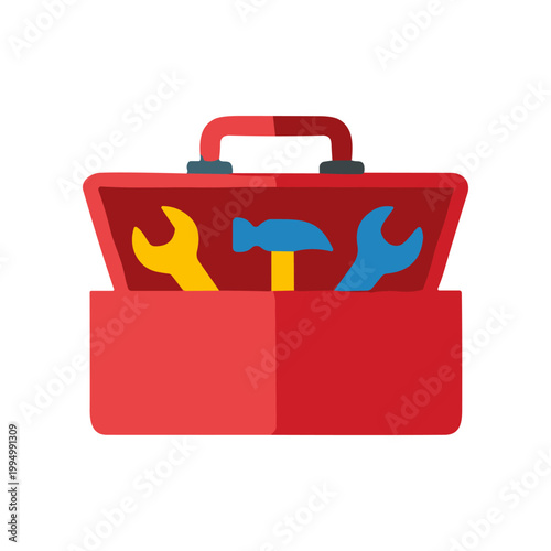 Red toolbox with tools inside open.
