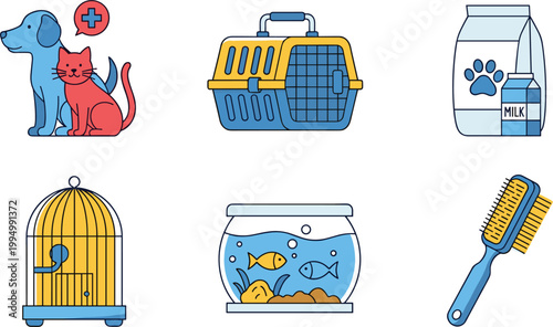 Pet care icon set. Veterinary, grooming, food, cage, aquarium, and carrier elements. Colorful vector illustration for pet shop, animal care, and veterinary design.