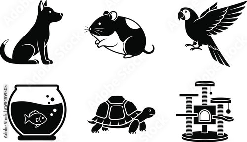 Pet silhouette icon set. Dog, hamster, parrot, fish, turtle, and cat tree elements. Black vector collection for pet shop, logo, and animal design.