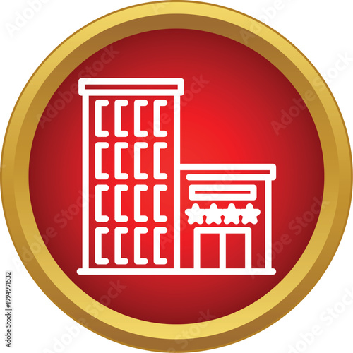 Hotel building outline with three stars in a red and gold circle